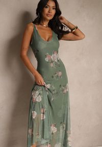 Renee - Ciemnozielona Sukienka Siateczkowa w Kwiaty Milosea. Okazja: na co dzień, na imprezę. Kolor: zielony. Wzór: kwiaty. Sezon: lato. Styl: klasyczny, casual