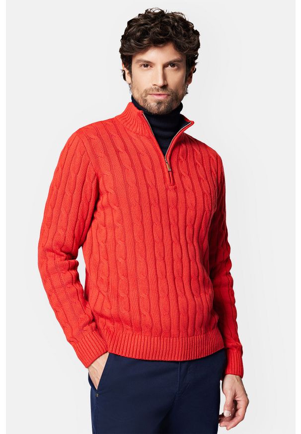 Lancerto - Sweter Czerwony Rozpinany z Bawełną Ronald. Kolor: czerwony. Materiał: bawełna, elastan