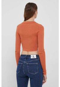 Calvin Klein Jeans longsleeve damski kolor pomarańczowy. Kolor: pomarańczowy. Materiał: dzianina, prążkowany. Długość rękawa: długi rękaw. Długość: długie #5