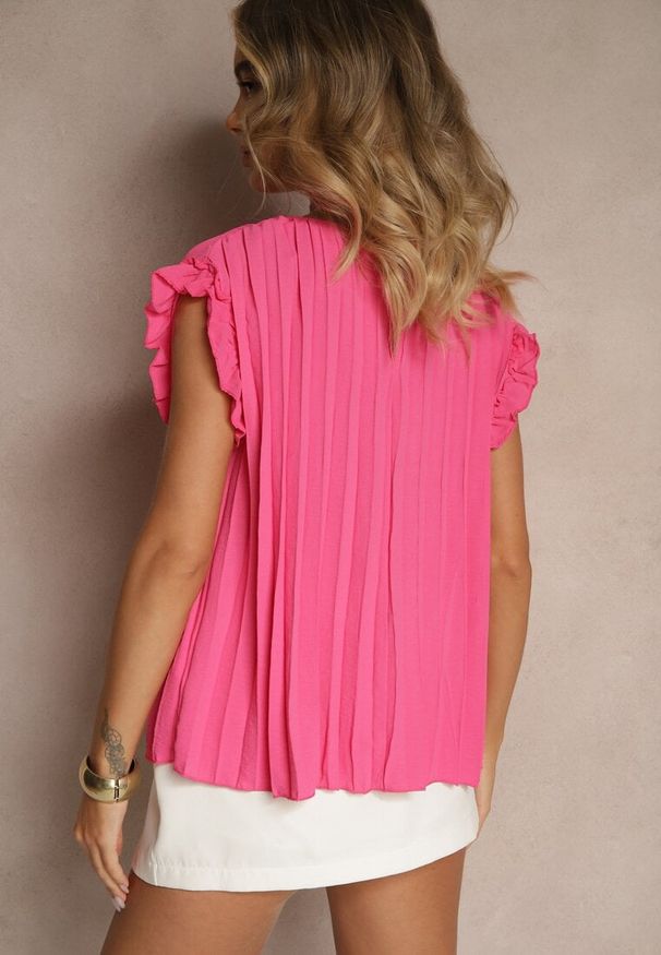 Renee - Fuksjowy Plisowany Top Koszulka z Krótkim Rękawem Meavina. Okazja: na co dzień. Kolor: różowy. Materiał: len, materiał. Długość rękawa: krótki rękaw. Długość: krótkie. Styl: wizytowy, casual, elegancki