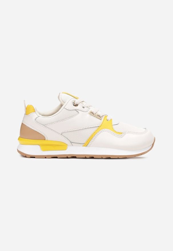 Born2be - Biało-Żółte Sneakersy z Cholewką przed Kostkę i Ozdobnymi Przeszyciami Elsinaine. Okazja: na co dzień. Wysokość cholewki: przed kostkę. Kolor: biały. Szerokość cholewki: normalna