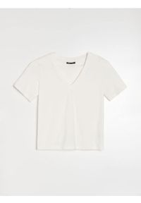 Sinsay - Bawełniana koszulka z dekoltem V - kremowy. Kolor: kremowy. Materiał: bawełna
