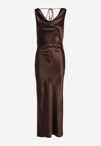 Renee - Brązowa Satynowa Wiskozowa Sukienka Koktajlowa z Bawełną Deleisana. Kolor: brązowy. Materiał: wiskoza, satyna, bawełna. Styl: wizytowy #5