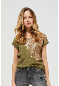 MOODO - Bluzka z błyszczącym nadrukiem. Typ kołnierza: dekolt w serek. Materiał: bawełna. Długość rękawa: krótki rękaw. Długość: krótkie. Wzór: nadruk #1