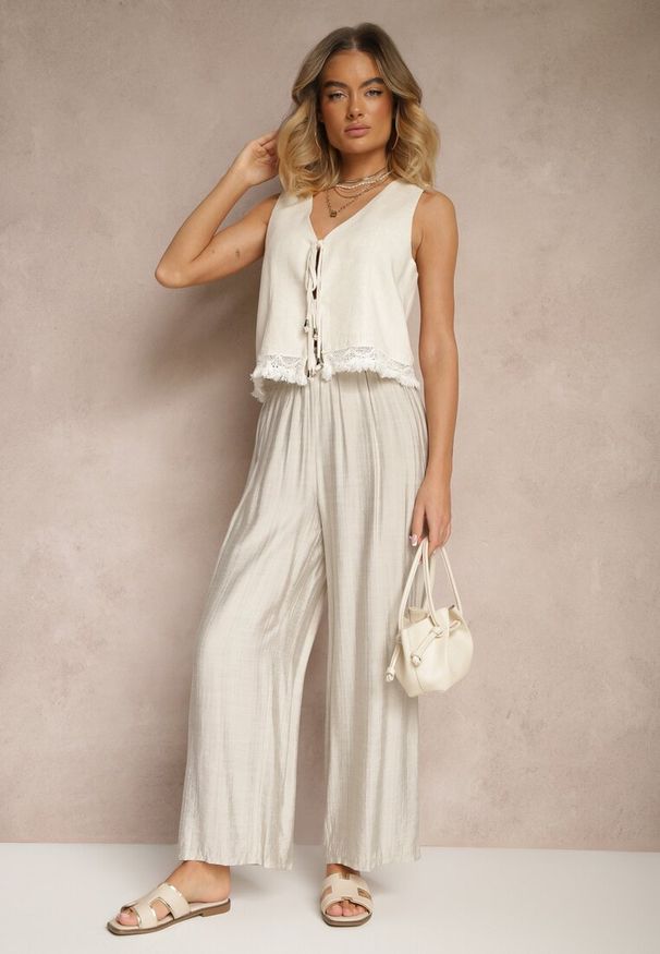 Renee - Jasnoszare Spodnie High Waist o Szerokim Kroju z Wiązaniem Telisiela. Okazja: na co dzień. Stan: podwyższony. Kolor: szary. Styl: elegancki, casual, klasyczny
