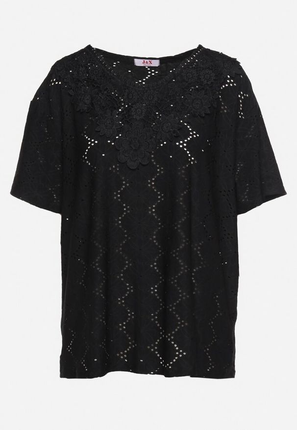 Born2be - Czarny Klasyczny Ażurowy T-shirt z Krótkim Rękawem Ninnia. Okazja: na co dzień, na spotkanie biznesowe. Kolor: czarny. Materiał: jeans. Długość rękawa: krótki rękaw. Długość: krótkie. Wzór: ażurowy. Styl: klasyczny