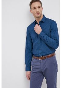 Calvin Klein Koszula bawełniana męska kolor granatowy slim z kołnierzykiem klasycznym. Typ kołnierza: kołnierzyk klasyczny. Kolor: niebieski. Materiał: bawełna. Długość rękawa: długi rękaw. Długość: długie. Styl: klasyczny