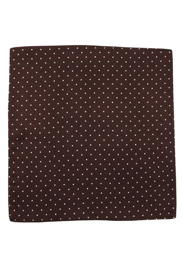 Brązowa Bawełniana Męska Poszetka -EM Men's Accessories- w Białe Kropki, Groszki. Kolor: beżowy, brązowy, wielokolorowy. Materiał: bawełna. Wzór: grochy