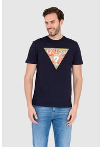Guess - GUESS Granatowy bawełniany męski T-shirt slim fit, Rozmiar XXL. Kolor: niebieski. Materiał: bawełna. Wzór: aplikacja #1