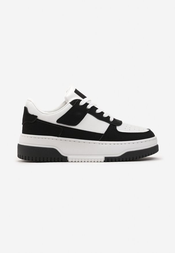 Renee - Czarno-Białe Sneakersy na Platformie z Ozdobnymi Wstawkami Faretta. Kolor: czarny. Wzór: aplikacja. Obcas: na platformie