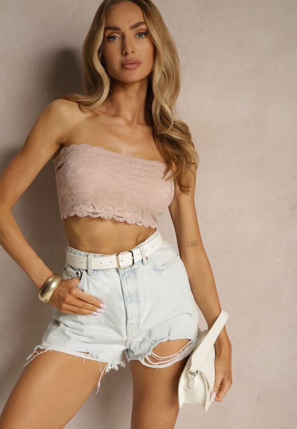 Różowy top Renee w koronkowe wzory, na randkę, casualowy