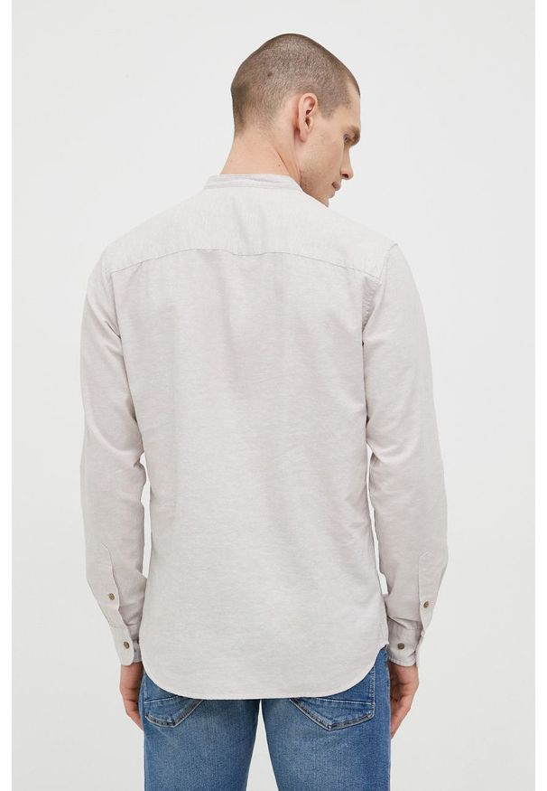 Premium by Jack&Jones koszula z domieszką lnu męska kolor szary slim ze stójką. Typ kołnierza: kołnierzyk stójkowy. Kolor: szary. Materiał: len. Długość rękawa: długi rękaw. Długość: krótkie