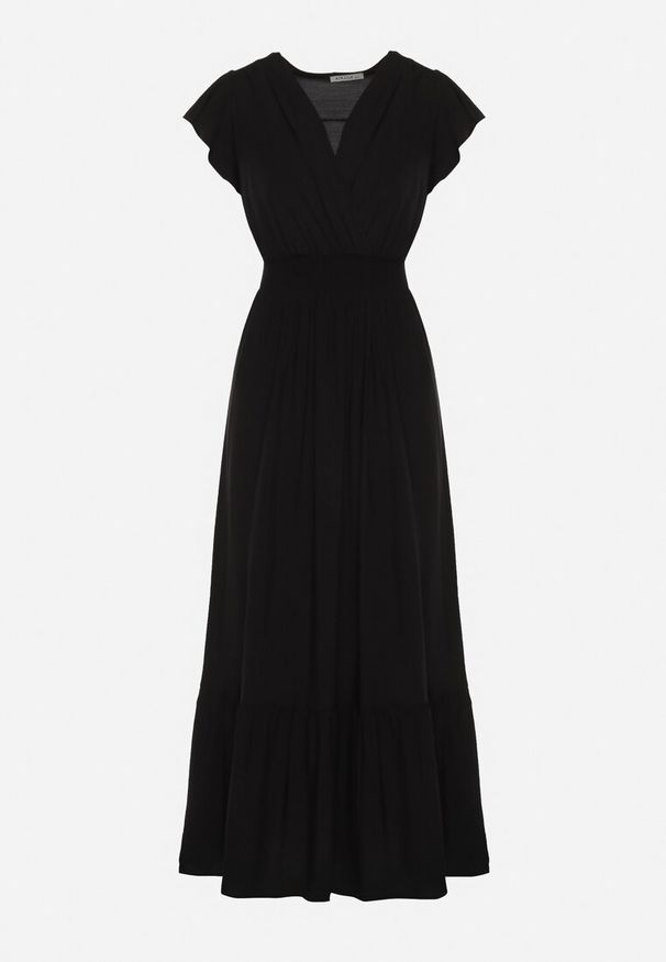 Born2be - Czarna Bawełniana Sukienka Maxi z Kopertową Górą Rozkloszowana Xaliara. Okazja: na ślub cywilny, na wesele, na imprezę. Kolor: czarny. Materiał: bawełna. Sezon: lato. Typ sukienki: kopertowe. Długość: maxi