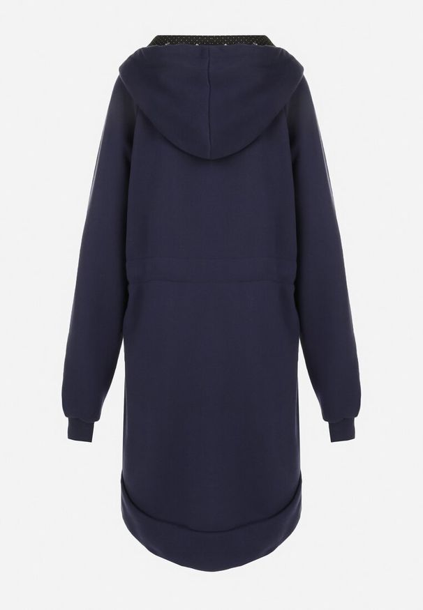 Born2be - Granatowa Bluza Długa z Kapturem Rhodippe. Typ kołnierza: kaptur. Kolekcja: plus size. Kolor: niebieski. Materiał: polar. Długość: długie