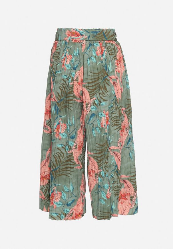 Born2be - Zielono-Różowe Szerokie Spodnie z Wysokim Stanem z Gumką i Materiałowym Paskiem w Talii Asrefia. Okazja: na co dzień. Stan: podwyższony. Kolor: zielony. Materiał: materiał. Sezon: lato. Styl: casual