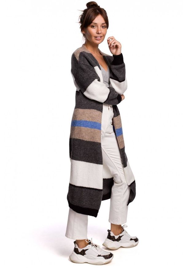 BE Knit - Kardigan z unikalnym wzorem w kolorowe poziome pasy. Materiał: poliester, wełna. Długość rękawa: długi rękaw. Długość: długie. Wzór: kolorowy