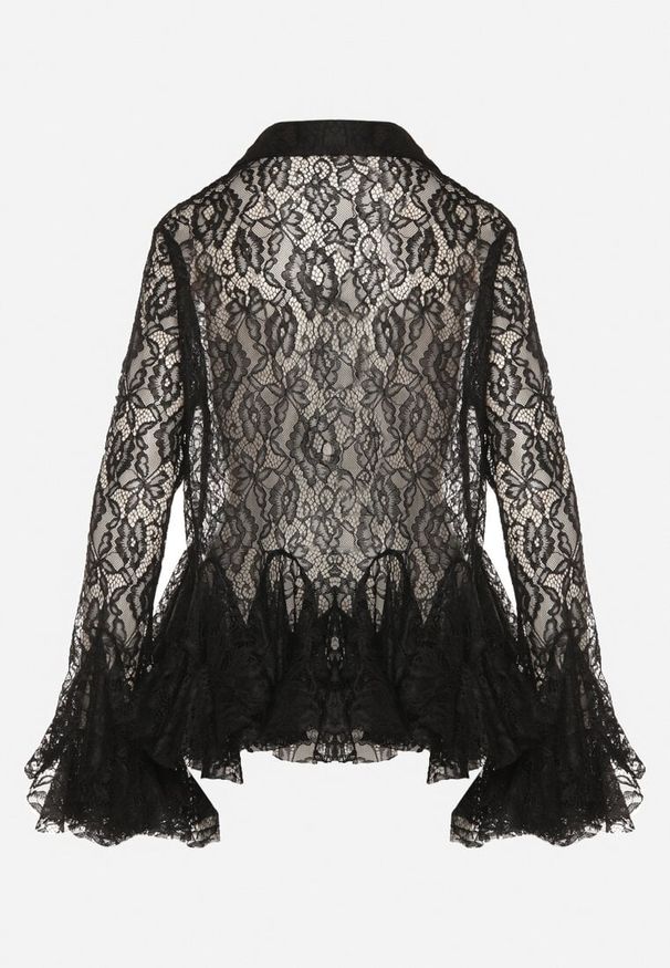 Born2be - Czarna Koronkowa Koszula Ozdobiona Falbankami Ezirena. Typ kołnierza: kołnierz z falbankami. Kolor: czarny. Materiał: koronka. Wzór: aplikacja. Styl: elegancki