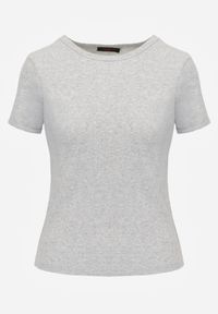 Born2be - Szary Dopasowany T-shirt z Prążkowanej Tkaniny z Bawełny Acalenos. Okazja: na co dzień. Kolor: szary. Materiał: bawełna, tkanina, prążkowany. Sezon: lato. Styl: elegancki, klasyczny, casual #2