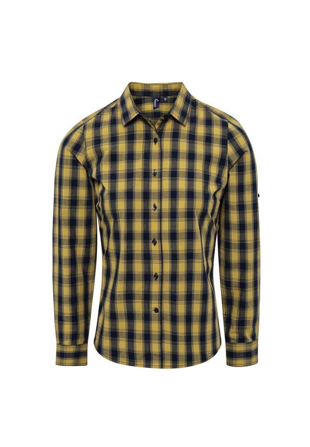 PREMIER - Damska Bawełniana Koszula W Kratę Z Długim Rękawem. Okazja: na co dzień. Kolor: niebieski, wielokolorowy, brązowy. Materiał: bawełna. Długość rękawa: długi rękaw. Długość: długie. Styl: casual