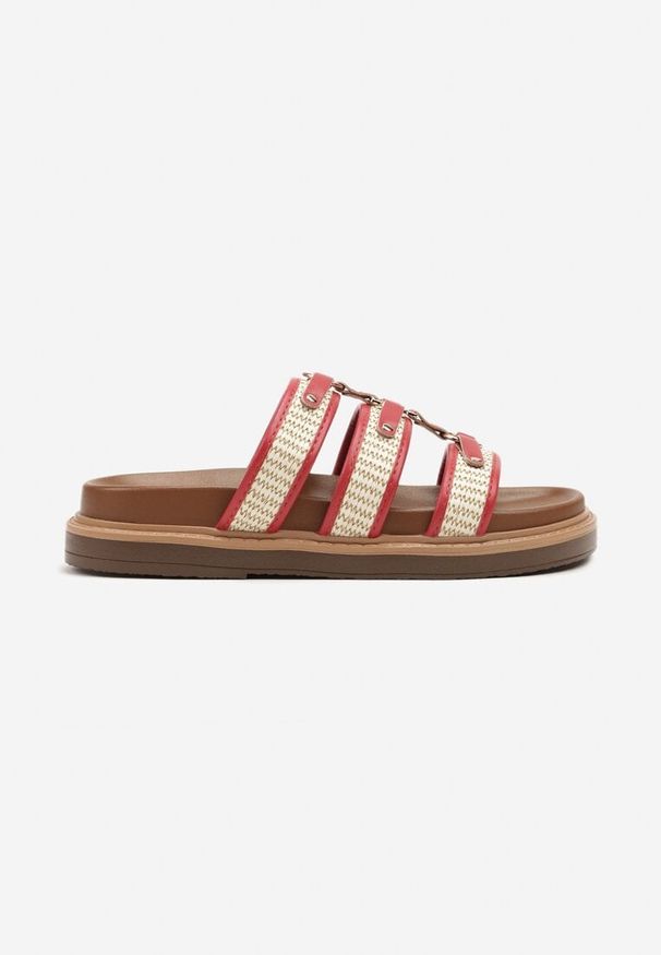Born2be - Czerwone Klapki Gladiatorki z Plecionką Morialis. Okazja: na plażę, na spacer. Nosek buta: otwarty. Kolor: czerwony. Materiał: jeans. Wzór: aplikacja. Sezon: wiosna, lato. Obcas: na płaskiej podeszwie. Styl: elegancki, boho