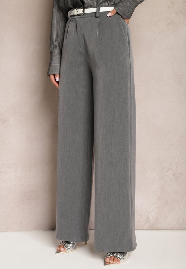 Renee - Szare Szerokie Spodnie Garniturowe Viscose. Kolor: szary. Styl: street