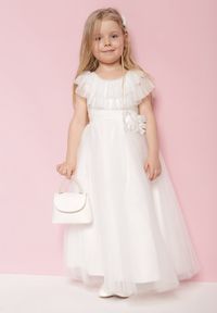 Born2be - Biała Rozkloszowana Tiulowa Sukienka z Perełkami i Falbanką Aperitva. Kolor: biały. Materiał: tiul. Wzór: aplikacja #3