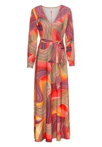 Długa sukienka kopertowa bonprix pomarańczowo-jasnoróżowy z nadrukiem. Kolor: pomarańczowy. Wzór: nadruk. Typ sukienki: kopertowe. Długość: maxi #1