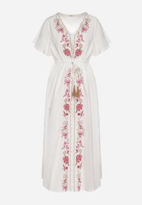 Born2be - Biała Bawełniana Sukienka Boho o Rozkloszowanym Kroju z Haftem i Frędzlami Modixa. Okazja: na co dzień. Typ kołnierza: dekolt w serek. Kolor: biały. Materiał: bawełna. Długość rękawa: krótki rękaw. Wzór: haft. Typ sukienki: rozkloszowane. Styl: boho #7