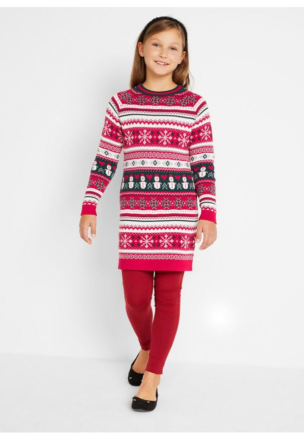 bonprix - Sukienka dzianinowa dziewczęca w zimowy deseń. Kolor: czerwony. Materiał: dzianina. Wzór: ze splotem, aplikacja, prążki, gładki. Sezon: zima