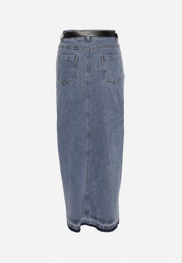 Born2be - Granatowa Spódnica Jeansowa o Ołówkowym Kroju z Rozcięciem z Przodu Ramalla. Okazja: na spotkanie biznesowe, do pracy. Kolor: niebieski. Materiał: jeans. Styl: biznesowy, klasyczny