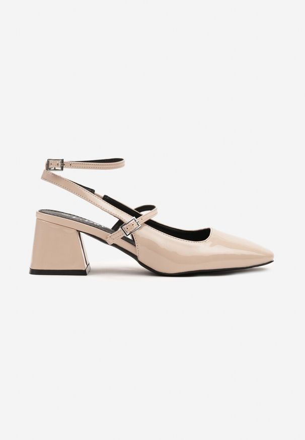 Born2be - Beżowe Czółenka z Lakierowanej Ekoskóry Typu Slingback na Słupku z Dwoma Paskami Xeralia. Zapięcie: pasek. Kolor: beżowy. Materiał: lakier. Obcas: na słupku. Styl: klasyczny. Wysokość obcasa: średni
