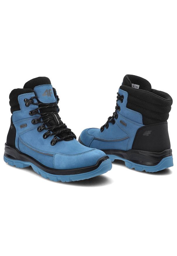 4f - Niebieskie Trekkingi Damskie 4F Skórzane Buty W Góry. Kolor: niebieski. Materiał: skóra. Szerokość cholewki: normalna. Obcas: na obcasie. Styl: sportowy. Wysokość obcasa: niski