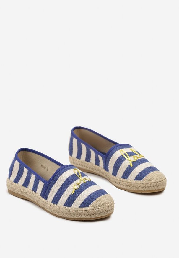 Born2be - Niebieskie Espadryle w Paski z Ozdobnym Napisem Golena. Zapięcie: pasek. Kolor: niebieski. Wzór: napisy, paski. Sezon: lato. Styl: klasyczny, elegancki