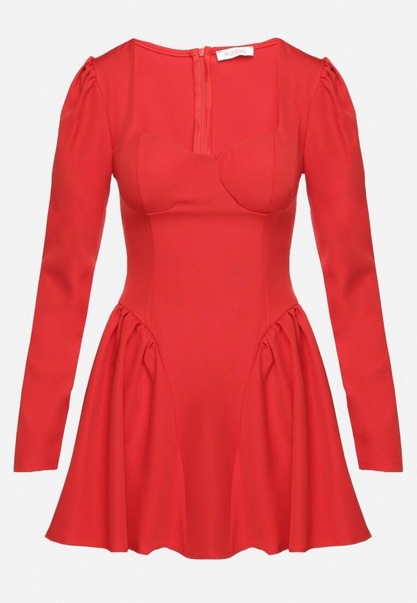Born2be - Czerwona Koktajlowa Sukienka o Rozkloszowanym Kroju z Falbankami i Gorsetem Farian. Typ kołnierza: dekolt gorset, kołnierz z falbankami. Kolor: czerwony. Długość rękawa: długi rękaw. Typ sukienki: gorsetowe. Styl: wizytowy