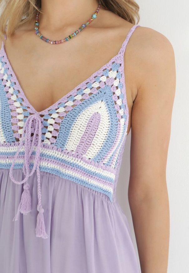 Born2be - Fioletowa Sukienka Wing In. Kolor: fioletowy. Materiał: bawełna. Długość rękawa: na ramiączkach. Wzór: aplikacja. Sezon: lato. Długość: maxi