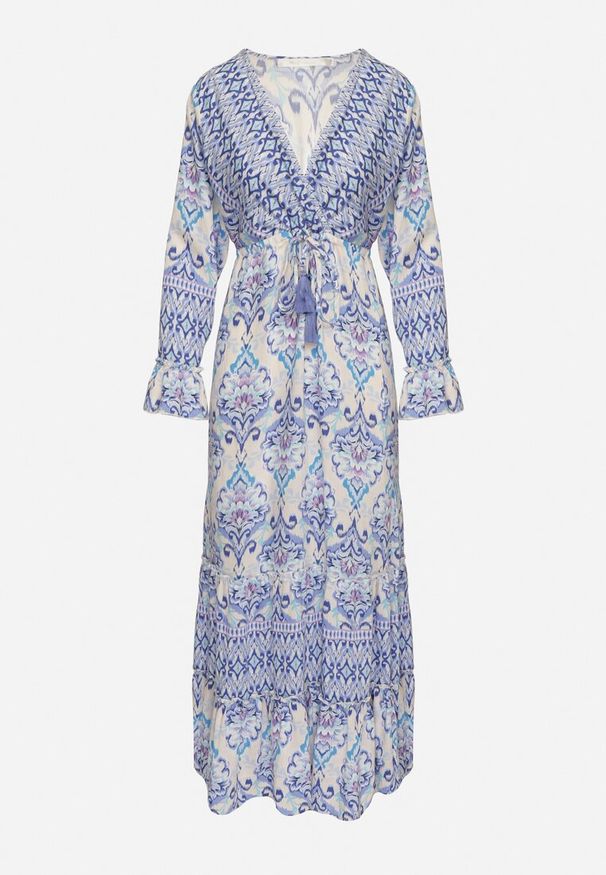 Born2be - Niebieska Sukienka w Stylu Boho z Kopertowym Dekoltem z Bawełny i Wiskozy Soderia. Okazja: na co dzień, na spacer. Typ kołnierza: dekolt kopertowy. Kolor: niebieski. Materiał: bawełna, wiskoza. Długość rękawa: długi rękaw. Typ sukienki: kopertowe. Styl: boho