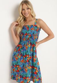 Born2be - Niebiesko-Czerwona Wiskozowa Sukienka z Gumką w Talii na Cienkich Ramiączkach z Guzikami Opelea. Okazja: na co dzień. Kolor: niebieski. Materiał: wiskoza. Długość rękawa: na ramiączkach. Sezon: lato. Styl: casual, elegancki #5