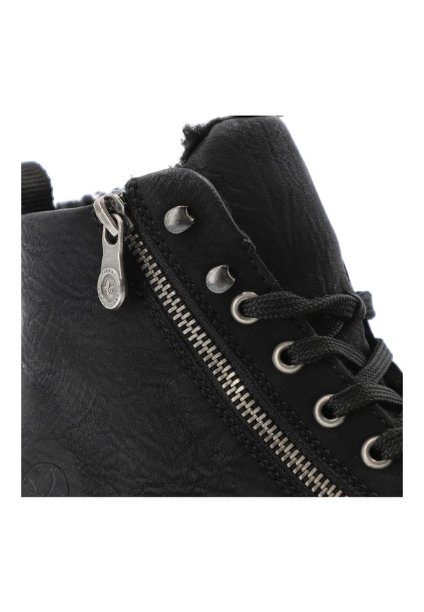 Czarne Botki Rieker Ocieplane Buty Damskie. Okazja: na co dzień. Zapięcie: sznurówki. Kolor: czarny. Materiał: materiał. Szerokość cholewki: normalna. Styl: casual