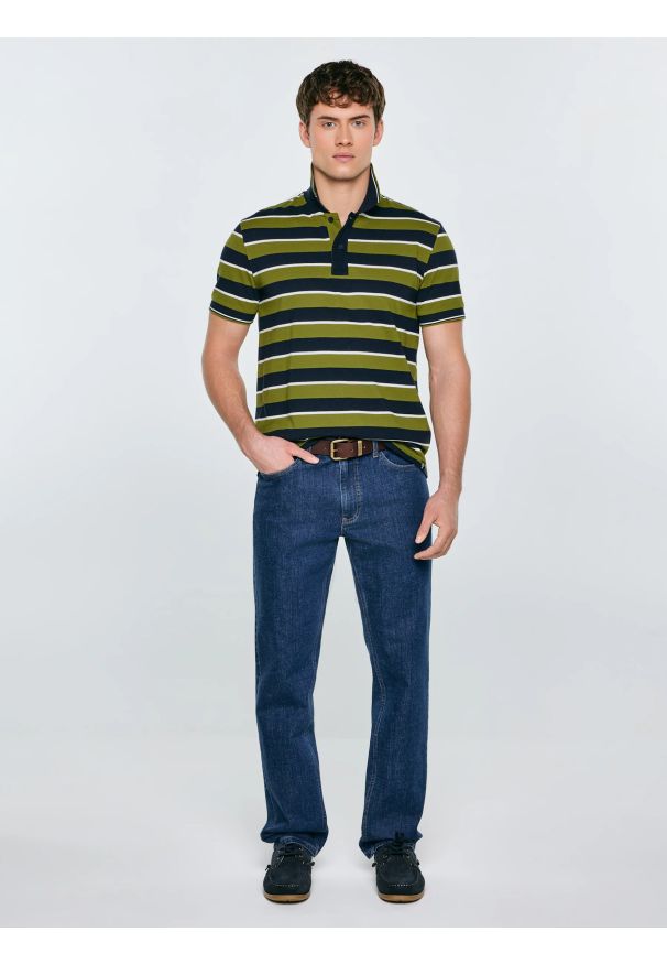 Big-Star - Koszulka męska polo w paski granatowo-zielona Seulis 301. Okazja: na co dzień. Typ kołnierza: polo. Kolor: zielony. Materiał: dzianina, jeans, żakard. Wzór: paski. Styl: casual, elegancki, sportowy, klasyczny