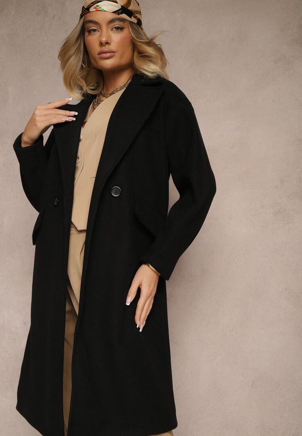 Renee - Czarny Płaszcz Dwurzędowy Długi Tadde. Kolor: czarny. Długość: długie