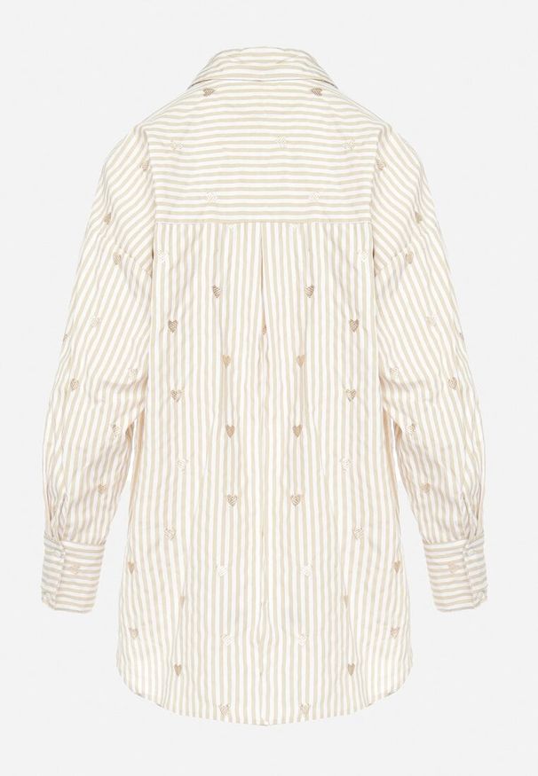 Born2be - Jasnobeżowa Koszula Bawełniana w Paski z Haftowanymi Serduszkami Sanileni. Kolor: beżowy. Materiał: bawełna. Wzór: paski, haft