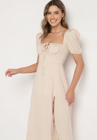 Born2be - Beżowa Sukienka w Rustykalnym Stylu z Wiązaniem przy Dekolcie i Rozcięciem Idanillea. Okazja: na spacer, na co dzień. Typ kołnierza: dekolt kwadratowy. Kolor: beżowy. Typ sukienki: rozkloszowane. Styl: casual #3