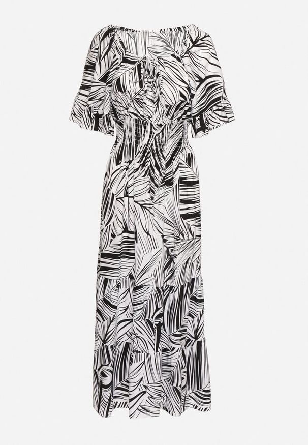 Born2be - Czarna Bawełniana Sukienka Rozkloszowana w Liście Alaniva. Okazja: na co dzień. Typ kołnierza: dekolt w kształcie V. Kolor: czarny. Materiał: bawełna. Wzór: nadruk. Sezon: wiosna, lato. Styl: casual, elegancki