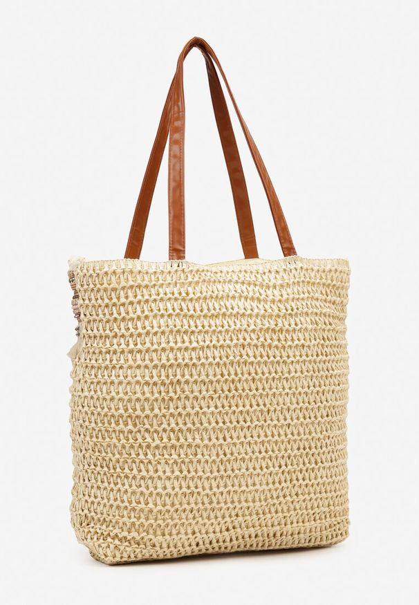 Born2be - Beżowa Torebka Shopperka Wykończona Plecionką i Frędzlami w Stylu Boho Rivaniane. Kolor: beżowy. Wzór: aplikacja. Dodatki: z frędzlami. Styl: boho