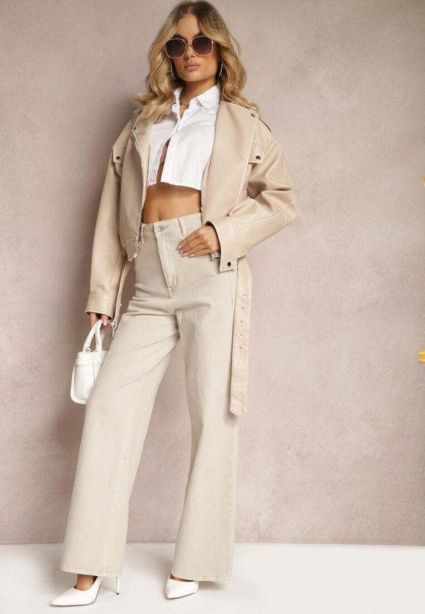 Renee - Beżowe Jeansy Szerokie Phririope. Okazja: na co dzień. Stan: podwyższony. Kolor: beżowy. Wzór: aplikacja. Styl: elegancki, casual