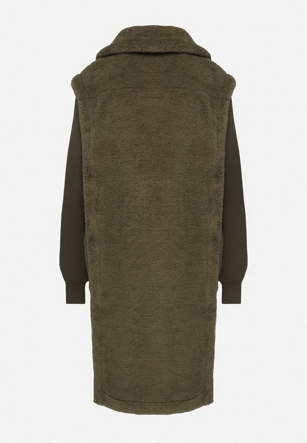 Born2be - Zielony Futrzany Płaszcz z Dzianinowymi Rękawami Ravienna. Okazja: na co dzień. Kolor: zielony. Materiał: futro, dzianina. Styl: casual, elegancki