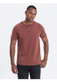 Ombre Clothing - T-shirt męski z dekoltem henley - bordowy V3 S1757 - XXL. Typ kołnierza: typu henley. Kolor: czerwony. Materiał: dzianina, bawełna. Długość rękawa: raglanowy rękaw #1