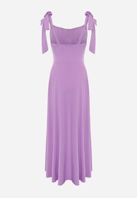 Renee - Fioletowa Długa Sukienka z Marszczonym Dekoltem i Wiązanymi Ramiączkami Rozvita. Kolor: fioletowy. Długość rękawa: na ramiączkach. Typ sukienki: rozkloszowane. Styl: wizytowy. Długość: maxi #6