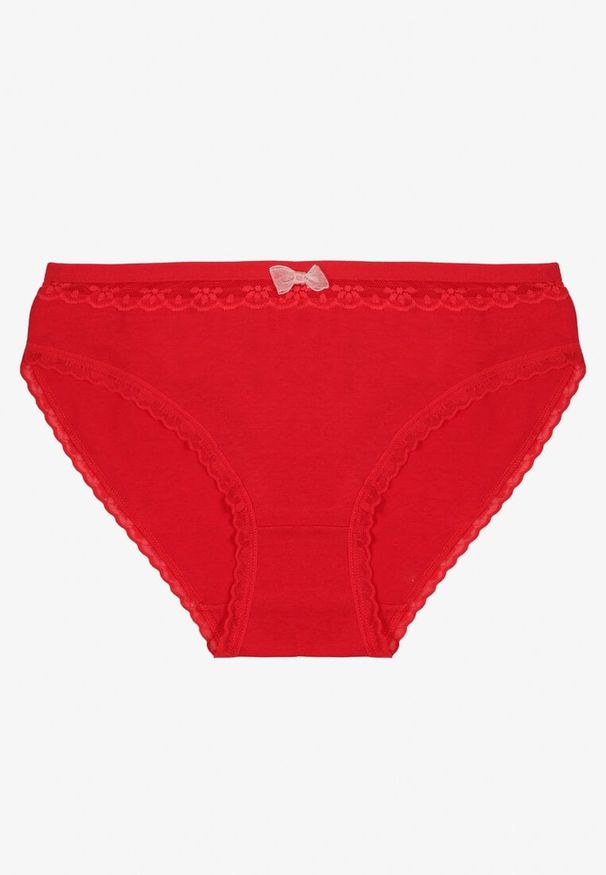 Born2be - Czerwone Bawełniane Majtki Typu Figi z Koronką i Kokardą Zeteria. Kolor: czerwony. Materiał: bawełna, koronka. Wzór: koronka