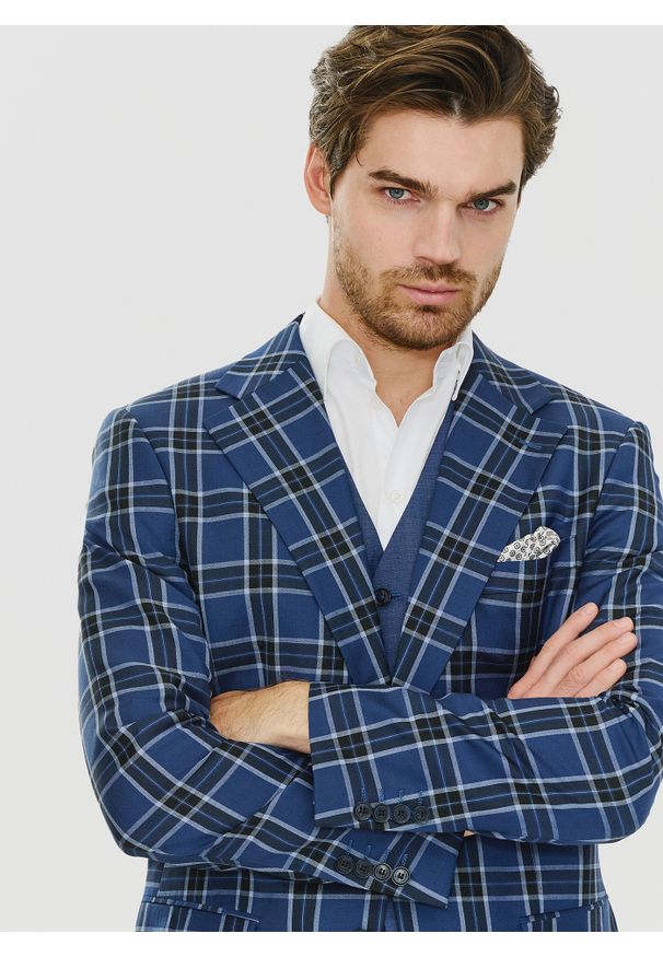 PAKO LORENTE – Granatowa marynarka w kratę - Pako Lorente. Kolor: niebieski. Materiał: wełna, poliester